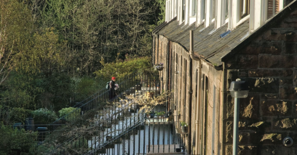 A row of Stockbridge Colonies off Glenogle Road in Edinburgh showing the classic external stairs